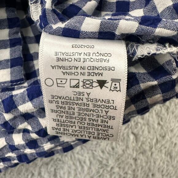 Papinelle Women's Medium Crop Top Button Up Short Sleeves Blue White Checkered - Picture 6 of 9